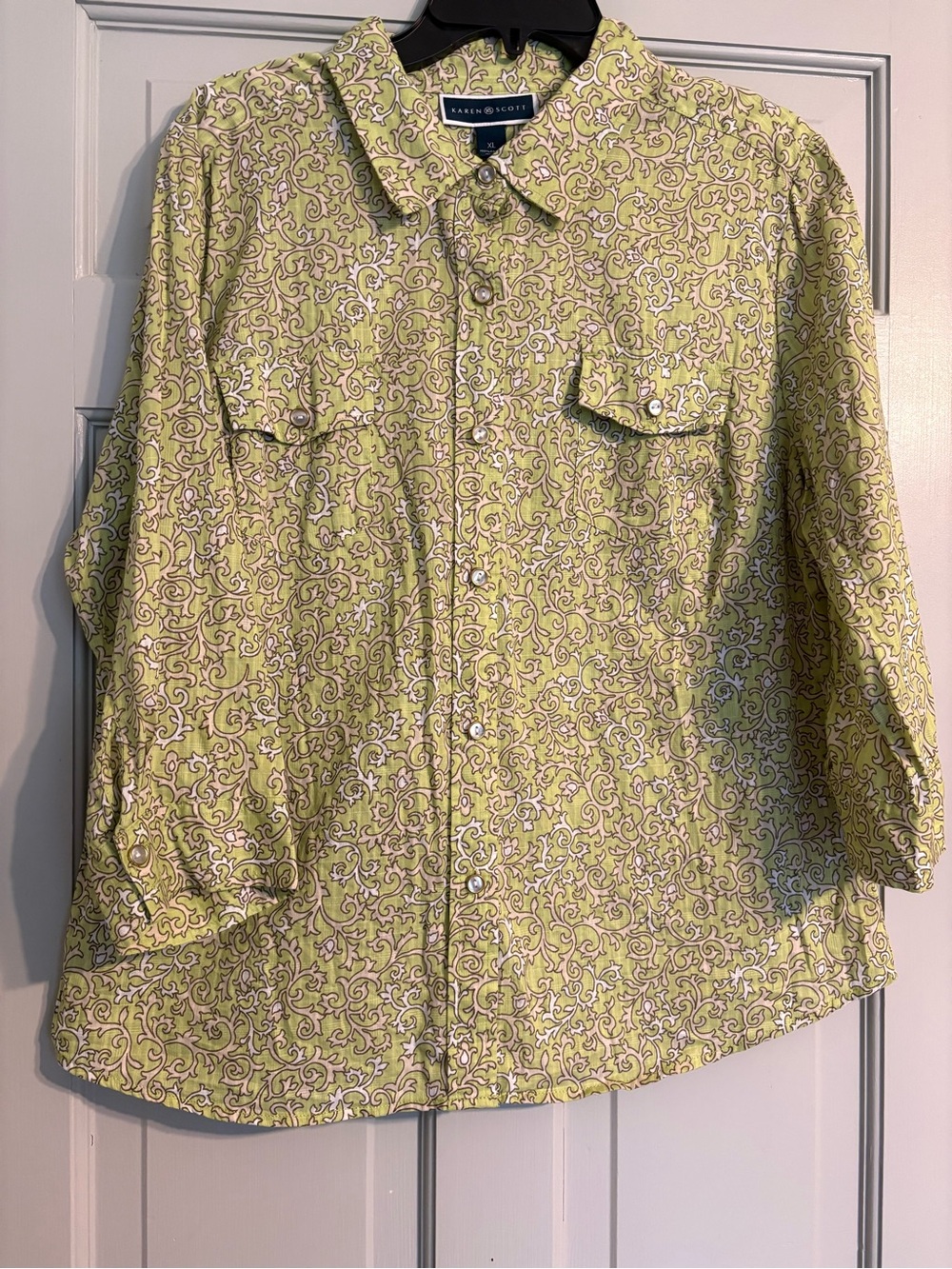 Karen Scott XL Lime Green Paisley-Print Button-Down Shirt 3/4 Sleeves